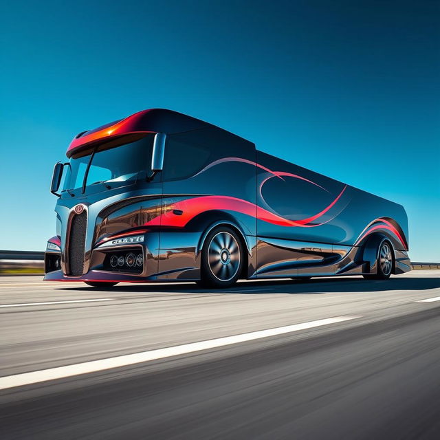 A custom cutting-edge semi-truck featuring stunning Bugatti rims, showcasing a sleek and modern design with aerodynamic curves and powerful lines