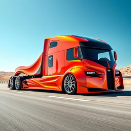 A custom cutting-edge semi-truck featuring stunning Bugatti rims, showcasing a sleek and modern design with aerodynamic curves and powerful lines