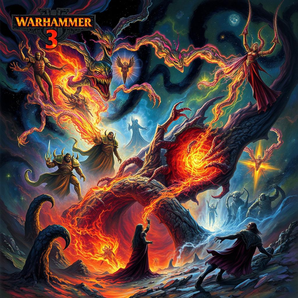 A captivating depiction of the Warp from Warhammer 3, showcasing the chaotic and surreal nature of this alternate dimension