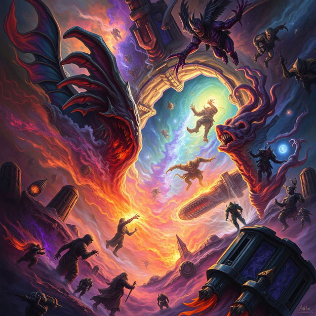 A captivating depiction of the Warp from Warhammer 3, showcasing the chaotic and surreal nature of this alternate dimension