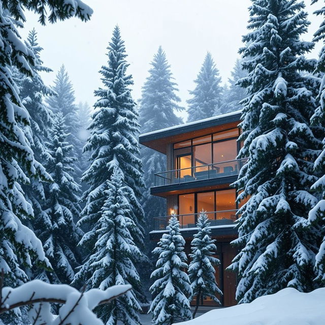 A stunning penthouse nestled in the midst of a deep forest filled with tall, majestic pine trees covered in a thick blanket of snow