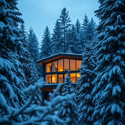 A stunning penthouse nestled in the midst of a deep forest filled with tall, majestic pine trees covered in a thick blanket of snow