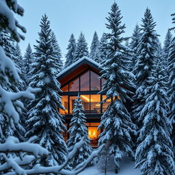A stunning penthouse nestled in the midst of a deep forest filled with tall, majestic pine trees covered in a thick blanket of snow