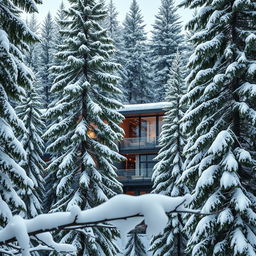 A stunning penthouse nestled in the midst of a deep forest filled with tall, majestic pine trees covered in a thick blanket of snow