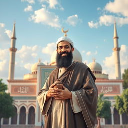A historical and respectful portrayal of Bilal ibn Rabah, the famous companion of the Prophet Muhammad and the first muezzin in Islam, standing in front of a beautifully adorned mosque