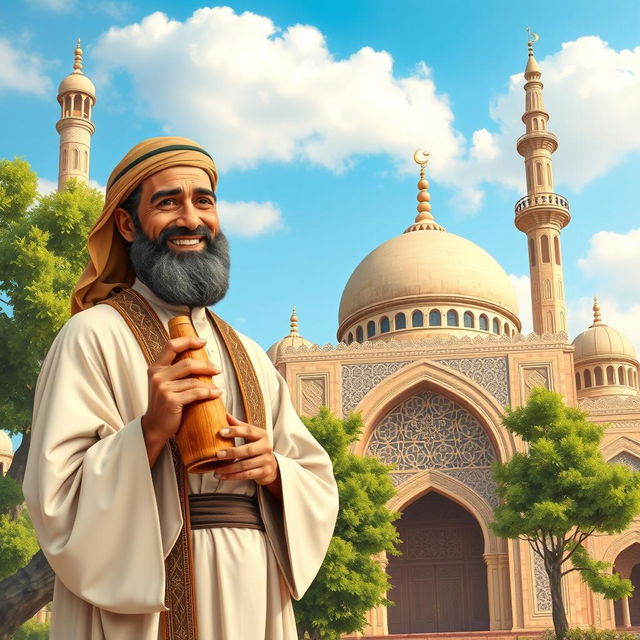 A historical and respectful portrayal of Bilal ibn Rabah, the famous companion of the Prophet Muhammad and the first muezzin in Islam, standing in front of a beautifully adorned mosque