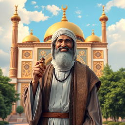 A historical and respectful portrayal of Bilal ibn Rabah, the famous companion of the Prophet Muhammad and the first muezzin in Islam, standing in front of a beautifully adorned mosque