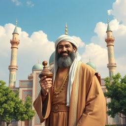 A historical and respectful portrayal of Bilal ibn Rabah, the famous companion of the Prophet Muhammad and the first muezzin in Islam, standing in front of a beautifully adorned mosque