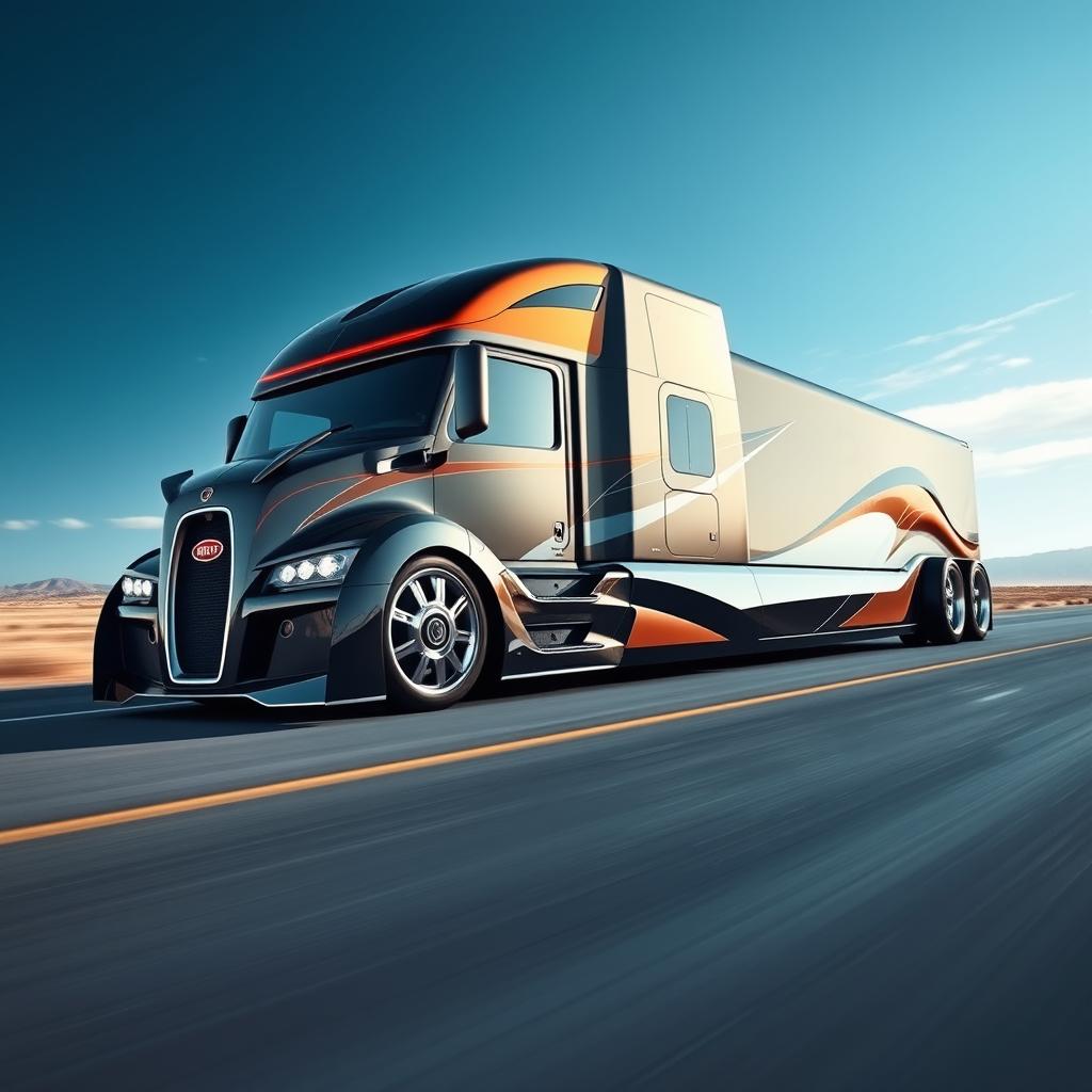 A custom cutting-edge semi-truck featuring eye-catching Bugatti rims, designed with sleek and futuristic aesthetics