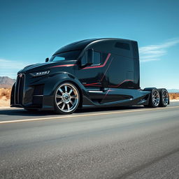 A custom cutting-edge semi-truck featuring eye-catching Bugatti rims, designed with sleek and futuristic aesthetics