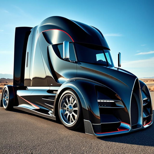 A custom cutting-edge semi-truck featuring eye-catching Bugatti rims, designed with sleek and futuristic aesthetics