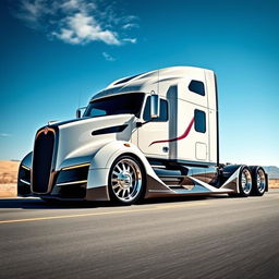 A custom cutting-edge semi-truck featuring eye-catching Bugatti rims, designed with sleek and futuristic aesthetics