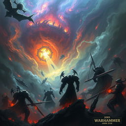 A dramatic and immersive portrayal of the Warp from Warhammer 40k, illustrating the chaotic and unnerving nature of this dark dimension