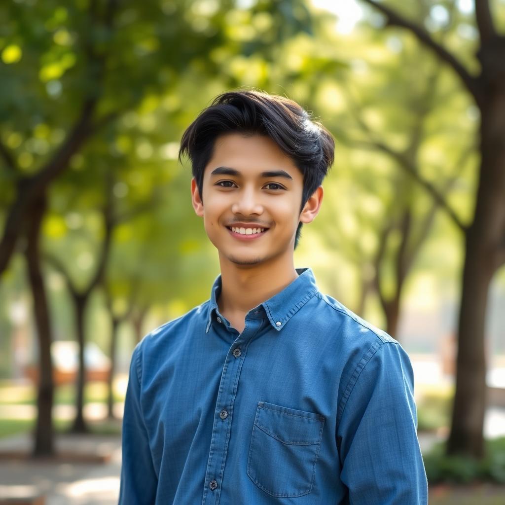 A focused and bright portrait of a young man standing confidently, looking directly at the camera with an engaging smile