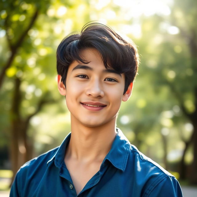 A focused and bright portrait of a young man standing confidently, looking directly at the camera with an engaging smile