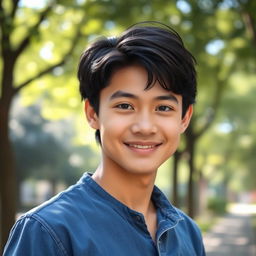 A focused and bright portrait of a young man standing confidently, looking directly at the camera with an engaging smile
