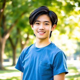 A focused and bright portrait of a young man standing confidently, looking directly at the camera with an engaging smile