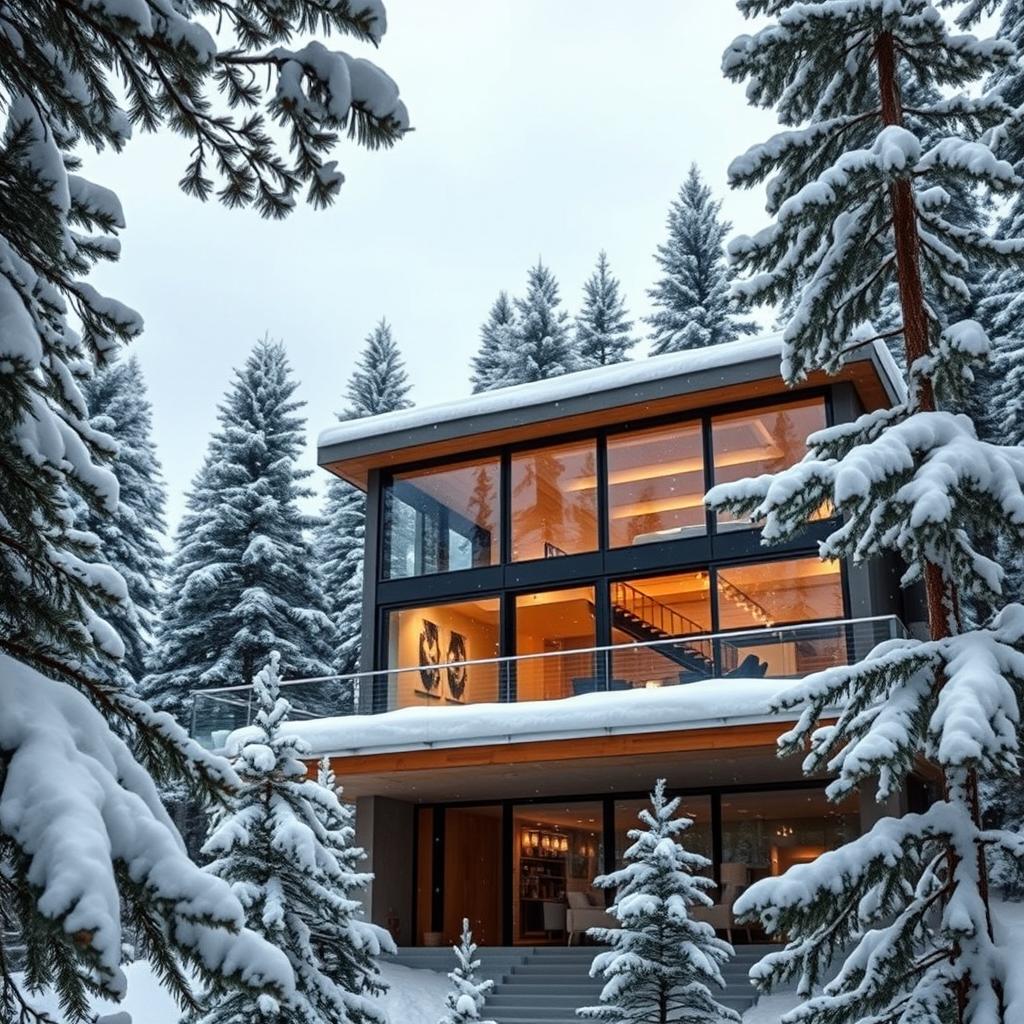 A modern penthouse situated in the midst of a deep pine forest covered in snow, showcasing large glass windows that reflect the surrounding nature