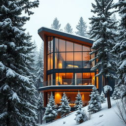 A modern penthouse situated in the midst of a deep pine forest covered in snow, showcasing large glass windows that reflect the surrounding nature