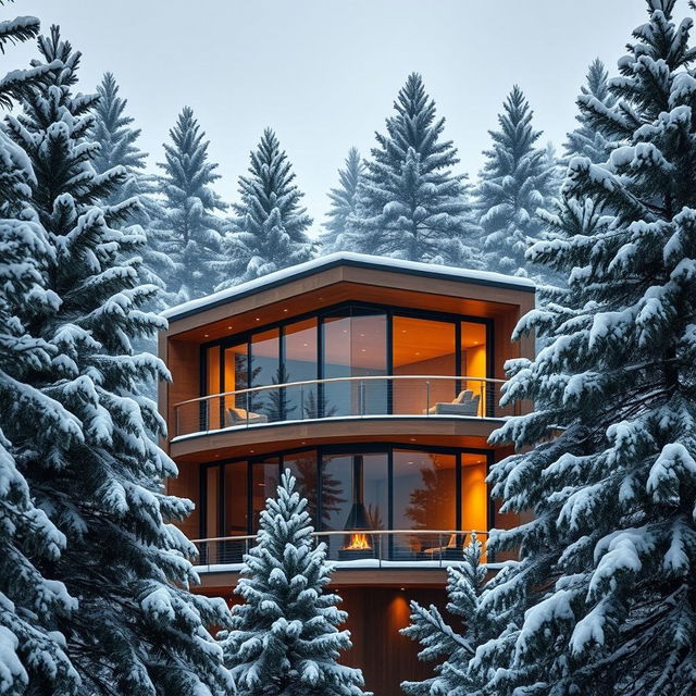 A modern penthouse situated in the midst of a deep pine forest covered in snow, showcasing large glass windows that reflect the surrounding nature