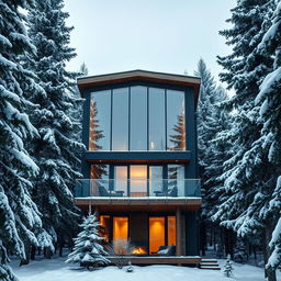 A modern penthouse situated in the midst of a deep pine forest covered in snow, showcasing large glass windows that reflect the surrounding nature