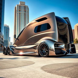 A stunning custom cutting-edge semi-truck, prominently featuring Bugatti-style rims and wheels