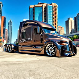 A stunning custom cutting-edge semi-truck, prominently featuring Bugatti-style rims and wheels