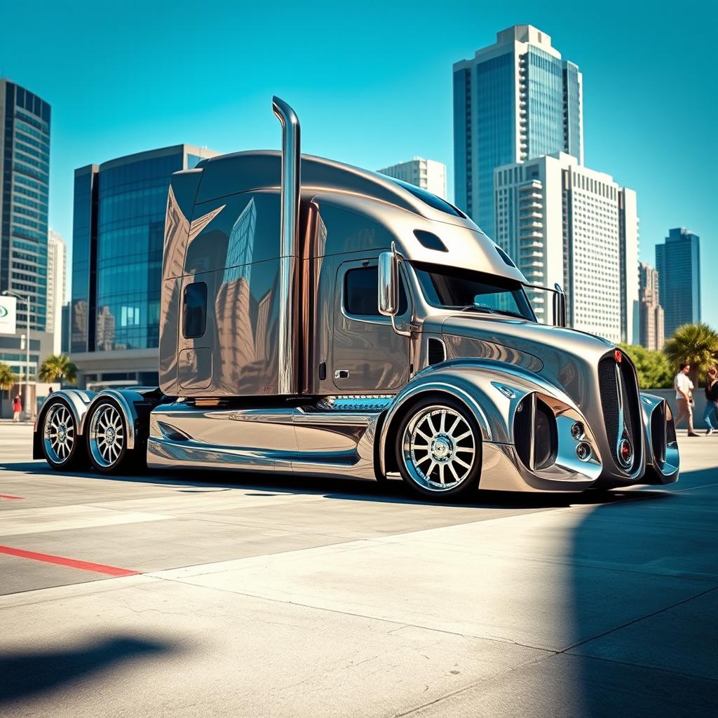 A stunning custom cutting-edge semi-truck, prominently featuring Bugatti-style rims and wheels