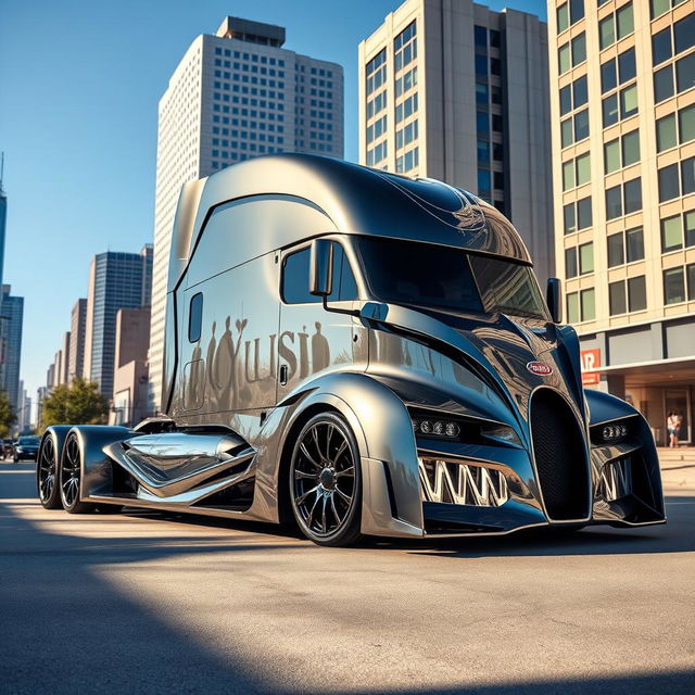 A stunning custom cutting-edge semi-truck, prominently featuring Bugatti-style rims and wheels