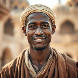 A historical portrait of Bilal Ibn Rabah, a prominent figure in early Islam, depicted with a warm, serene expression