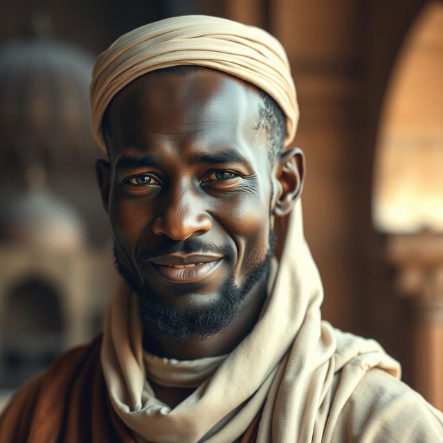 A historical portrait of Bilal Ibn Rabah, a prominent figure in early Islam, depicted with a warm, serene expression