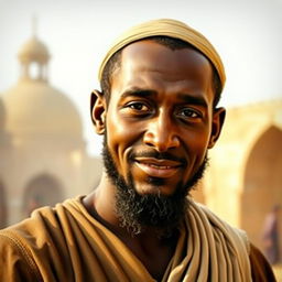 A historical portrait of Bilal Ibn Rabah, a prominent figure in early Islam, depicted with a warm, serene expression
