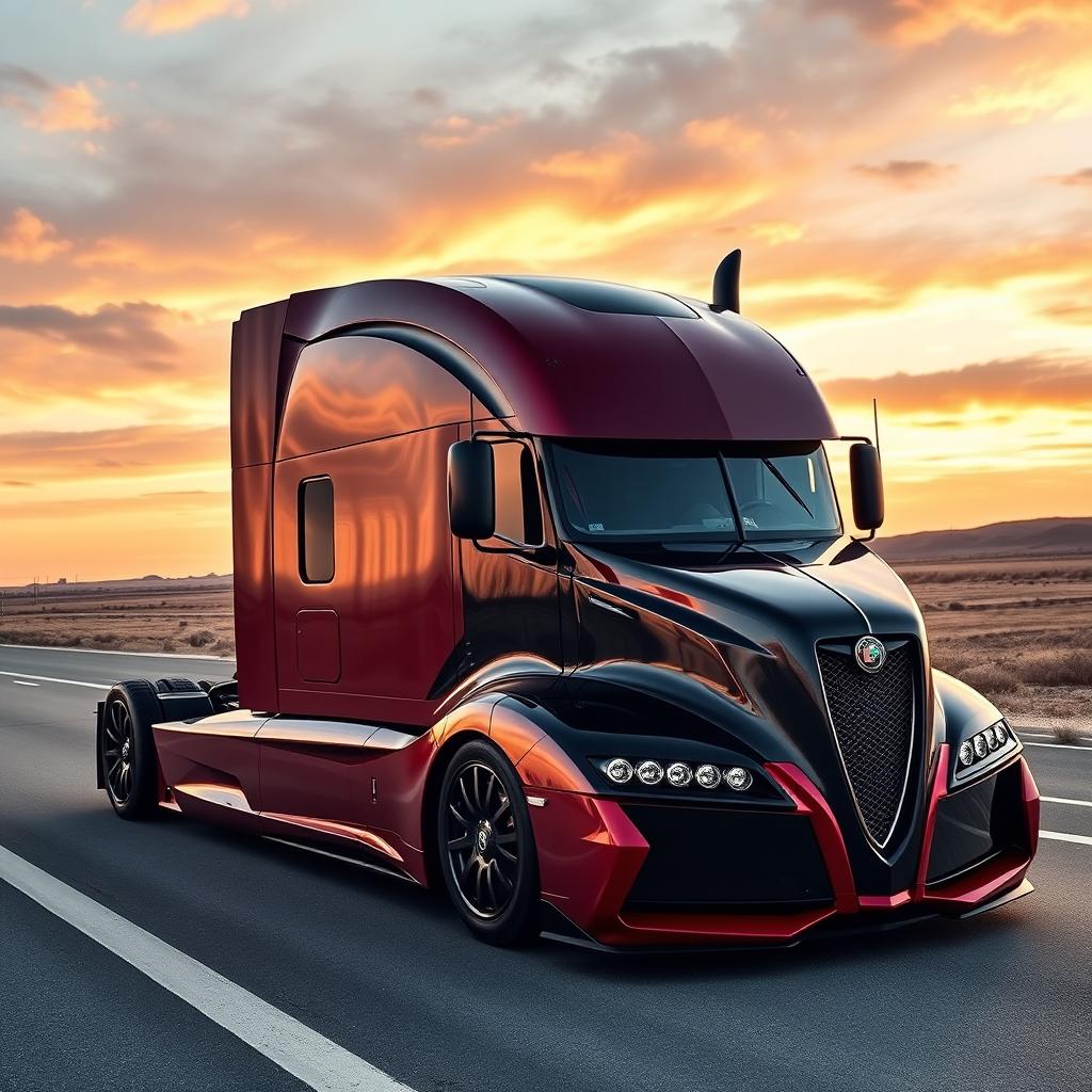 A breathtaking custom cutting-edge semi-truck featuring Alfa Romeo-style rims and wheels