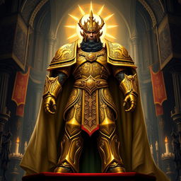 A majestic and authoritative portrayal of the Emperor of Mankind from Warhammer 40k, depicted as a towering figure in ornate golden armor, richly detailed with imperial engravings and heraldic symbols