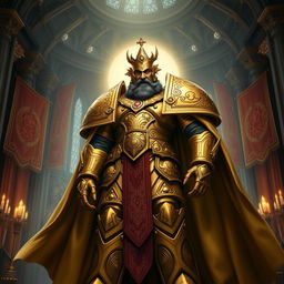 A majestic and authoritative portrayal of the Emperor of Mankind from Warhammer 40k, depicted as a towering figure in ornate golden armor, richly detailed with imperial engravings and heraldic symbols