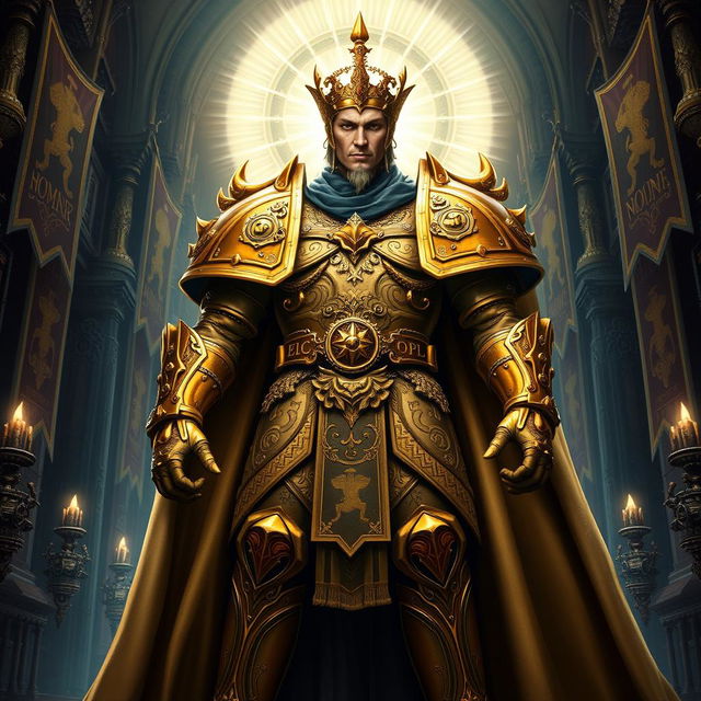 A majestic and authoritative portrayal of the Emperor of Mankind from Warhammer 40k, depicted as a towering figure in ornate golden armor, richly detailed with imperial engravings and heraldic symbols