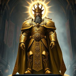 A majestic and authoritative portrayal of the Emperor of Mankind from Warhammer 40k, depicted as a towering figure in ornate golden armor, richly detailed with imperial engravings and heraldic symbols