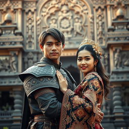 A photorealistic portrait of an Indonesian knight wearing a blangkon, embracing his wife while facing the camera