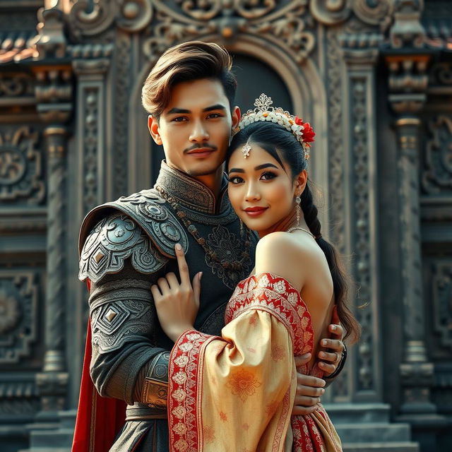 A photorealistic portrait of an Indonesian knight wearing a blangkon, embracing his wife while facing the camera