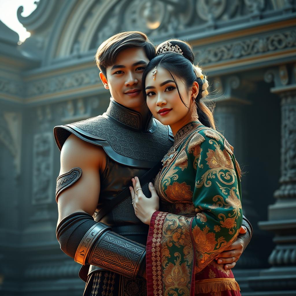 A photorealistic portrait of an Indonesian knight wearing a blangkon, embracing his wife while facing the camera