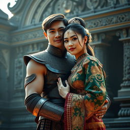 A photorealistic portrait of an Indonesian knight wearing a blangkon, embracing his wife while facing the camera