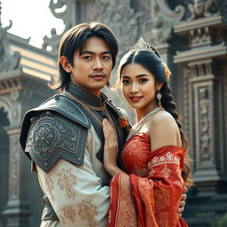 A photorealistic portrait of an Indonesian knight wearing a blangkon, embracing his wife while facing the camera