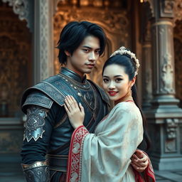 A highly realistic photorealistic portrait of a Javanese knight wearing a blangkon, embracing his wife while both face the camera