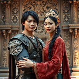 A highly realistic photorealistic portrait of a Javanese knight wearing a blangkon, embracing his wife while both face the camera