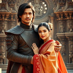 A highly realistic photorealistic portrait of a Javanese knight wearing a blangkon, embracing his wife while both face the camera