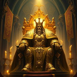 A grand depiction of the God Emperor of Mankind from Warhammer 40k, portrayed as an immense and powerful figure seated upon the Golden Throne