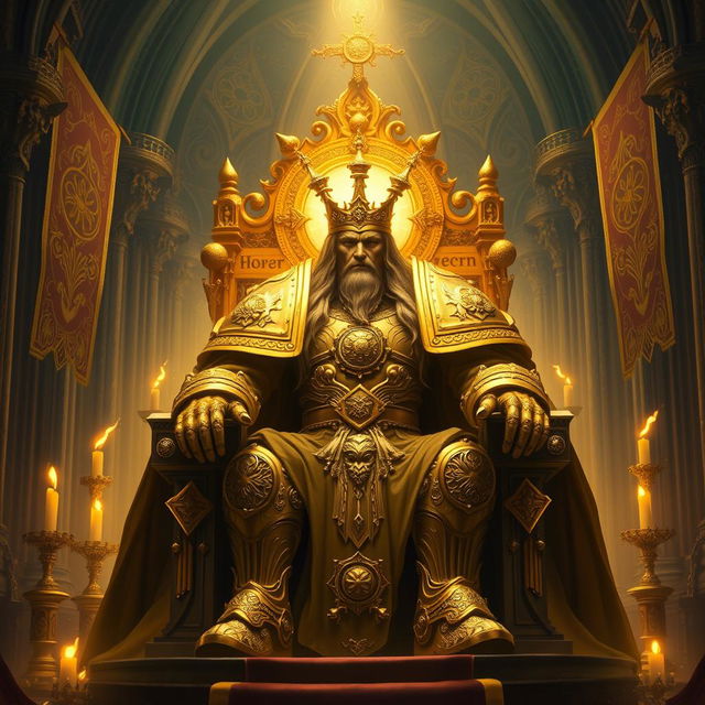 A grand depiction of the God Emperor of Mankind from Warhammer 40k, portrayed as an immense and powerful figure seated upon the Golden Throne