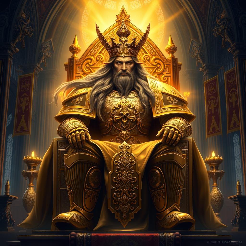 A grand depiction of the God Emperor of Mankind from Warhammer 40k, portrayed as an immense and powerful figure seated upon the Golden Throne