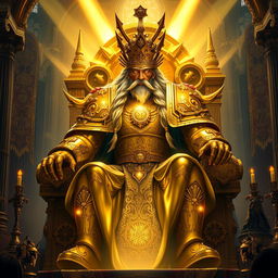 A grand depiction of the God Emperor of Mankind from Warhammer 40k, portrayed as an immense and powerful figure seated upon the Golden Throne