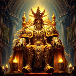 A grand depiction of the God Emperor of Mankind from Warhammer 40k, portrayed as an immense and powerful figure seated upon the Golden Throne